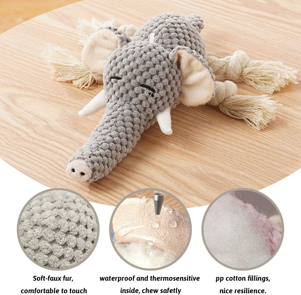 Size medium Color Grey Plush Dog Toy, Squeaky Interactive Puppy Dog Toys with Crinkle Paper, Durable Chew Toys for Small and Medium Dogs with Mouse Shape(Medium, Elephant)